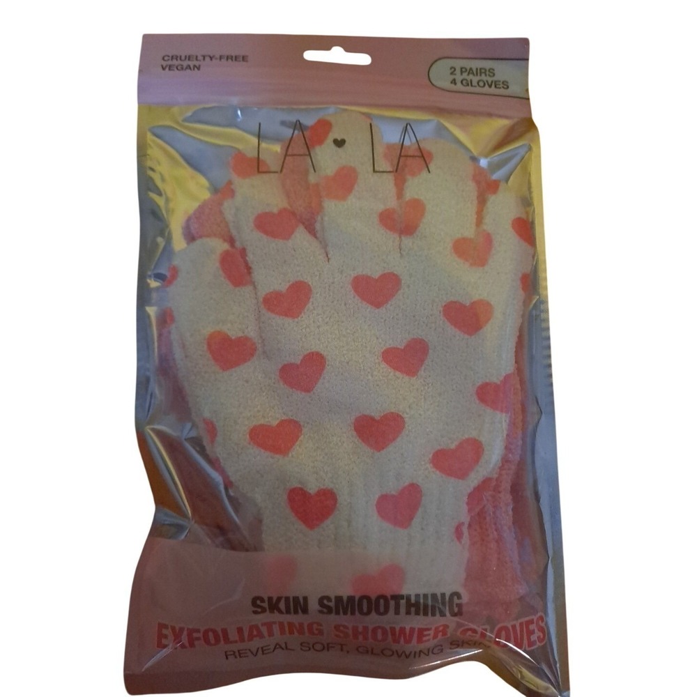 LA LA 2 Pairs‎ 4 Gloves Exfoliating Shower Gloves White With Pink Hearts